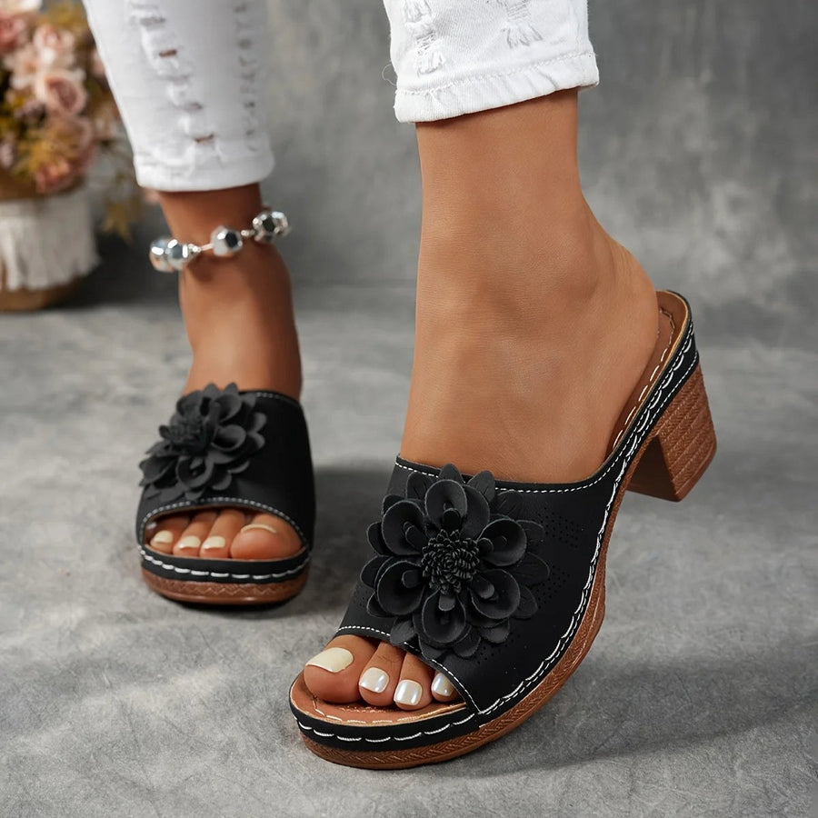 Delfina Floral Block Heel in Charcoal