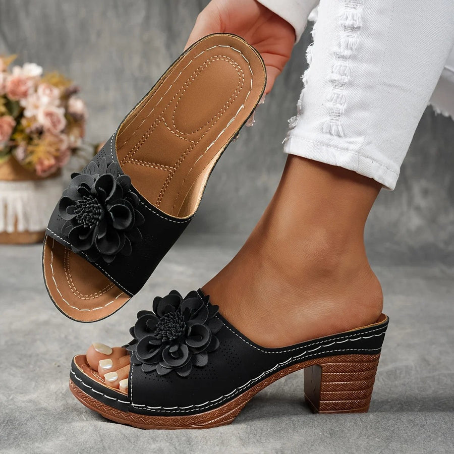 Delfina Floral Block Heel in Charcoal