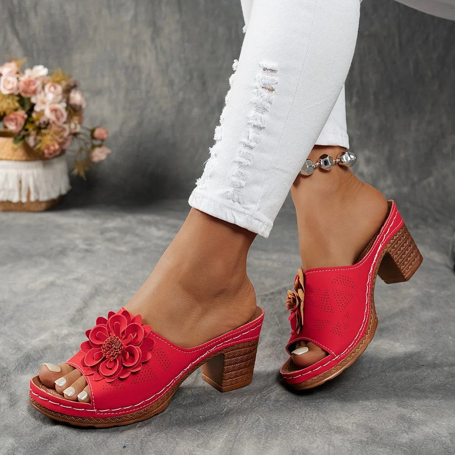 Delfina Floral Block Heel in Crimson