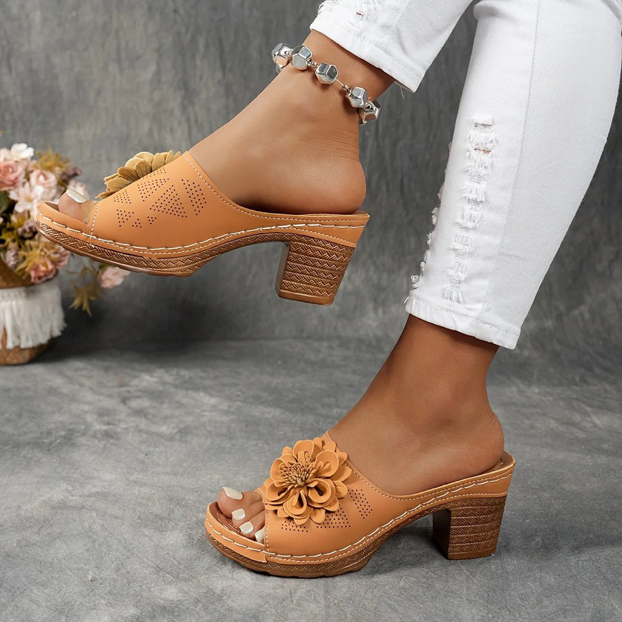 Delfina Floral Block Heel in Sienna Brown