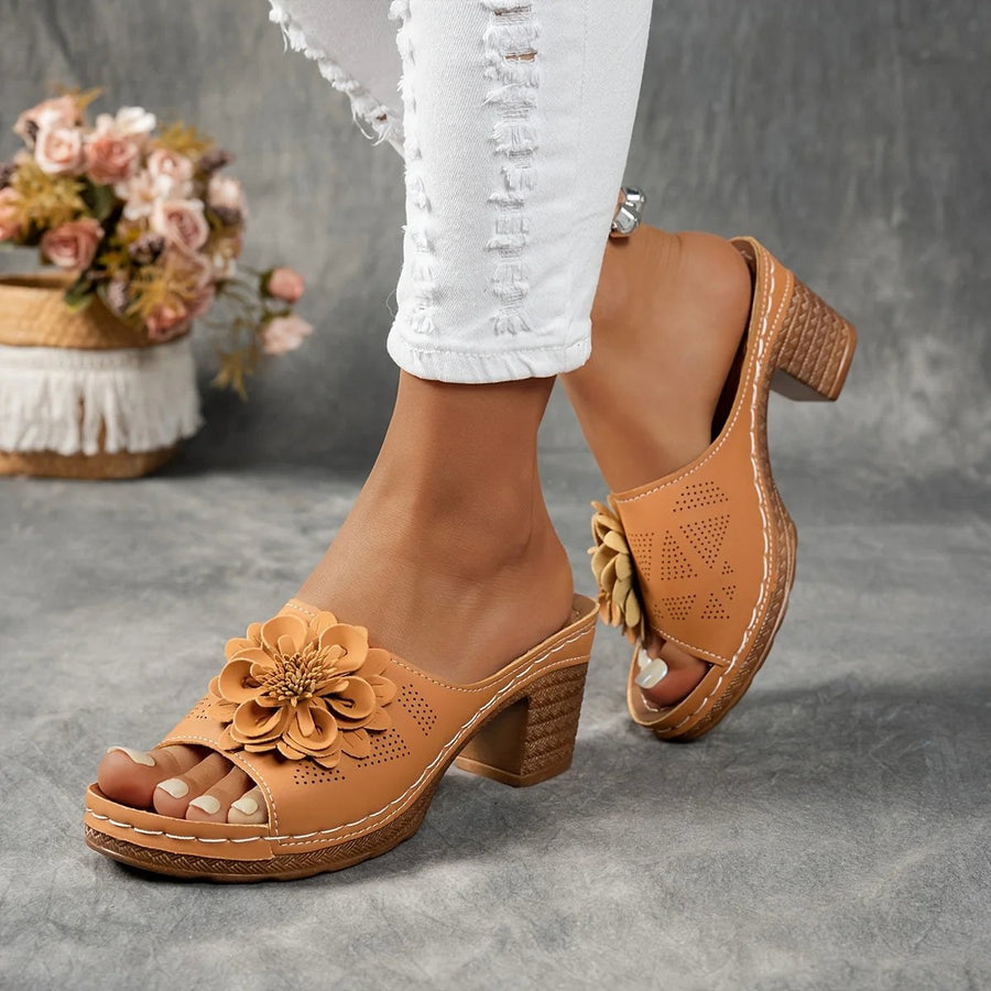 Delfina Floral Block Heel in Sienna Brown