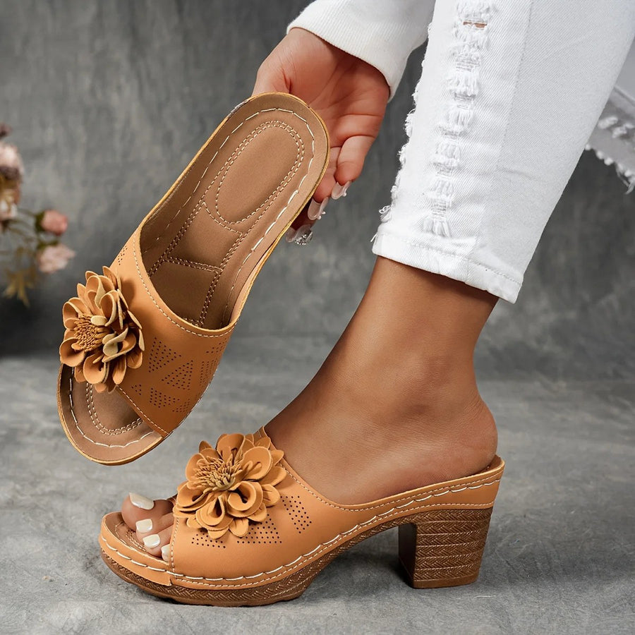 Delfina Floral Block Heel in Sienna Brown