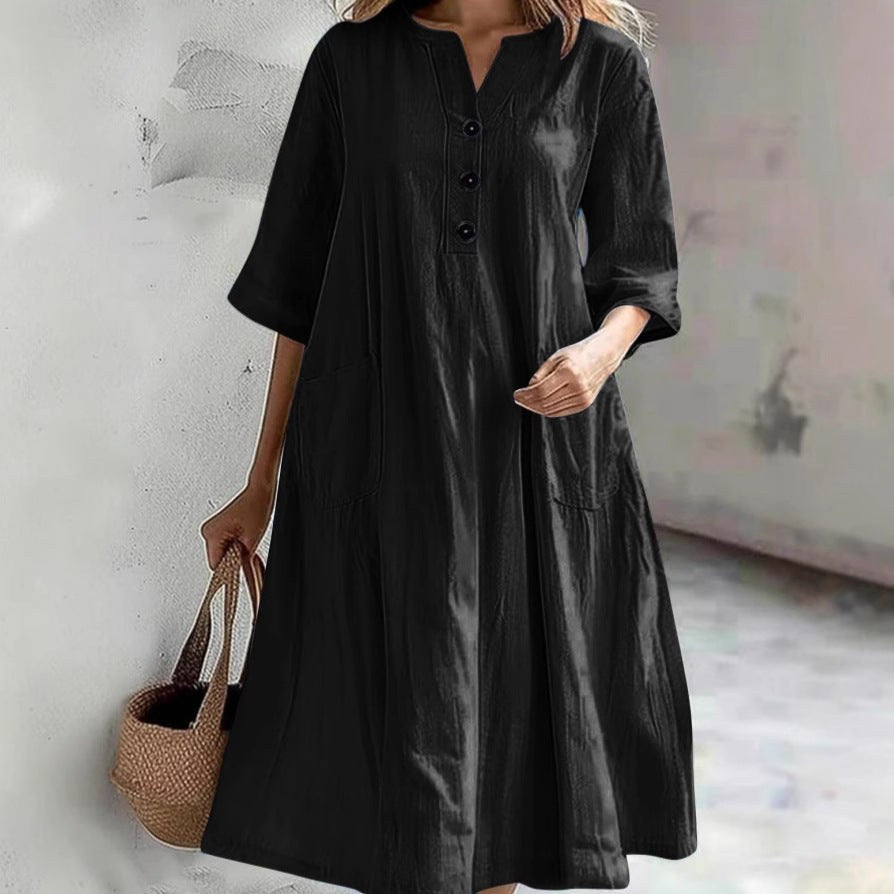 Delia Casual Linen Dress with Pockets
