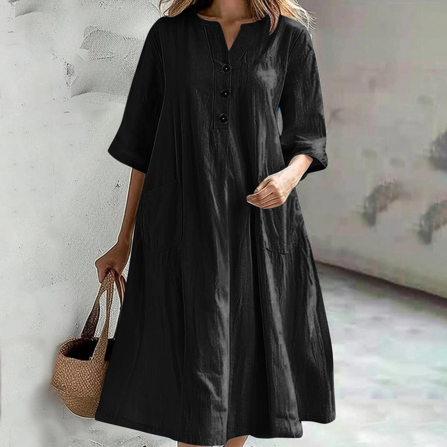 Delia Casual Linen Dress with Pockets in Black