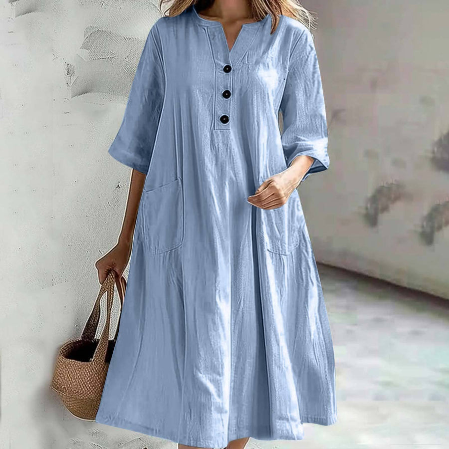 Delia Casual Linen Dress with Pockets in Light Blue