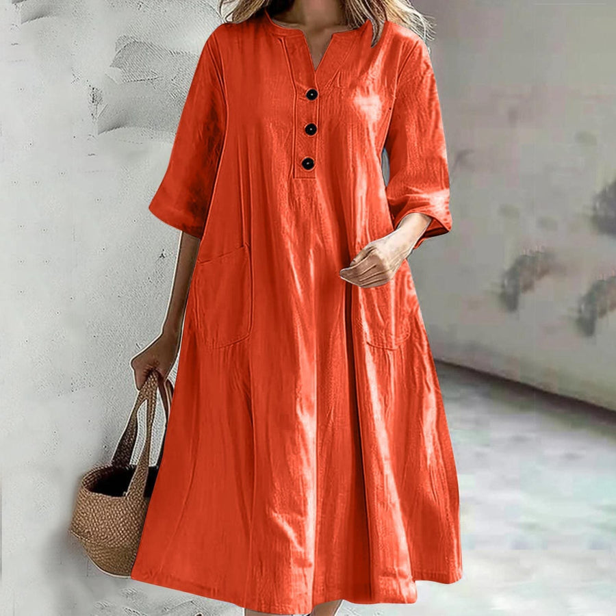 Delia Casual Linen Dress with Pockets in Orange