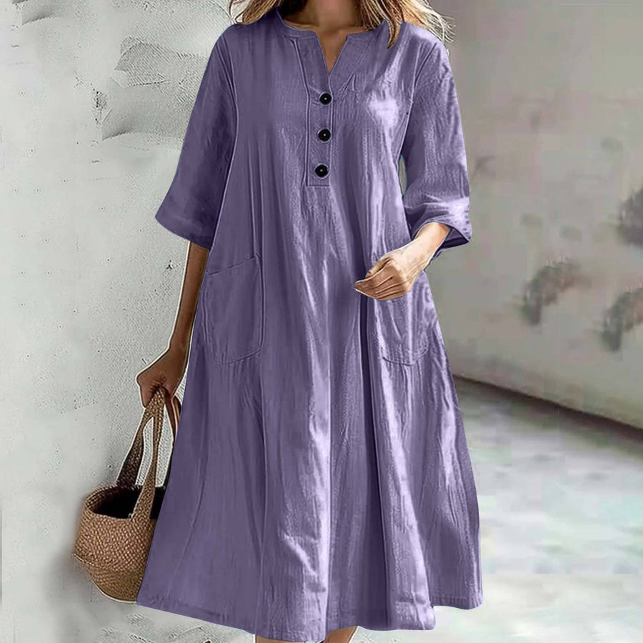 Delia Casual Linen Dress with Pockets in Purple