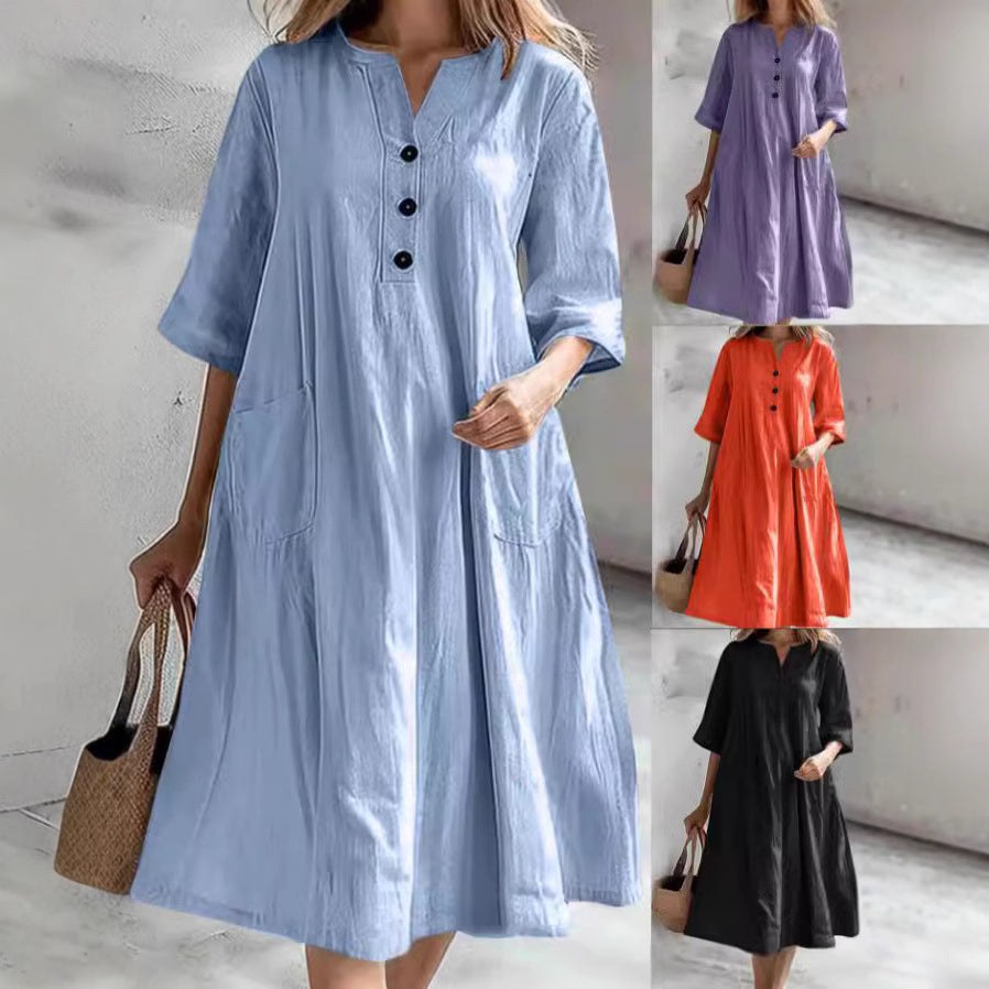 Delia Casual Linen Dress with Pockets
