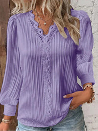 Delilah Women's V Neck Ribbed Long Sleeve Blouse in Purple