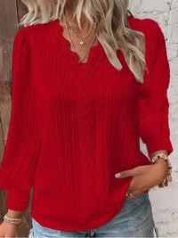 Delilah Women's V Neck Ribbed Long Sleeve Blouse in Red