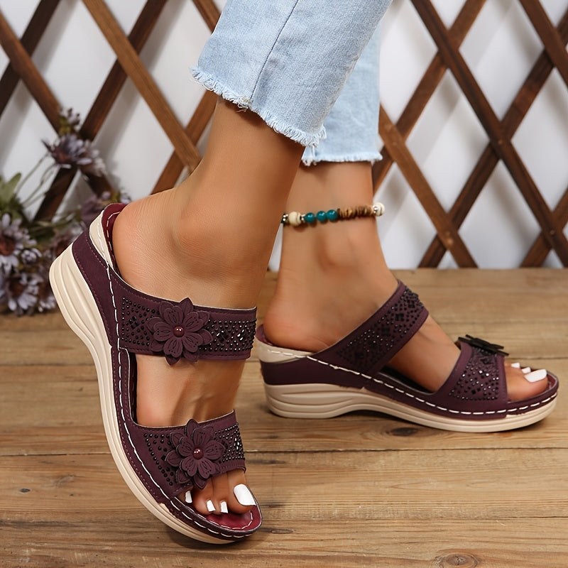 Delor™ Floral Wedge Slides in Black
