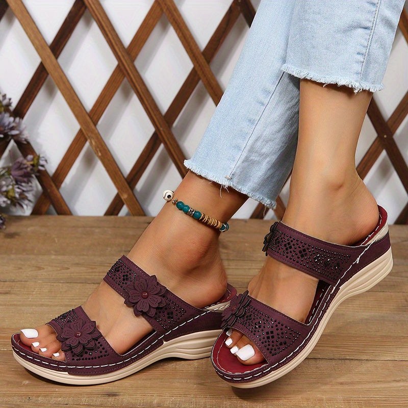 Delor™ Floral Wedge Slides in Black