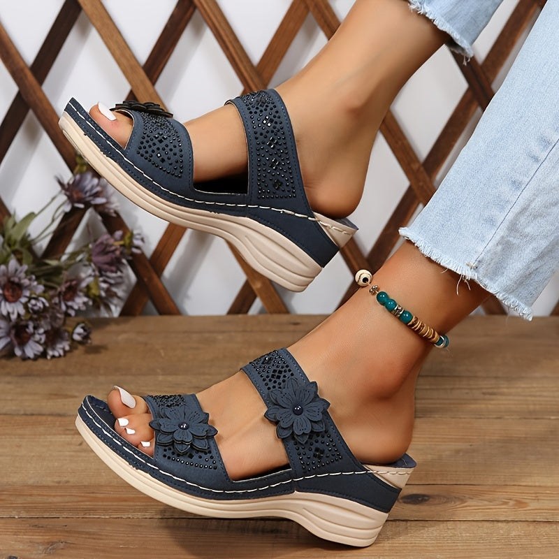 Delor™ Floral Wedge Slides in Black