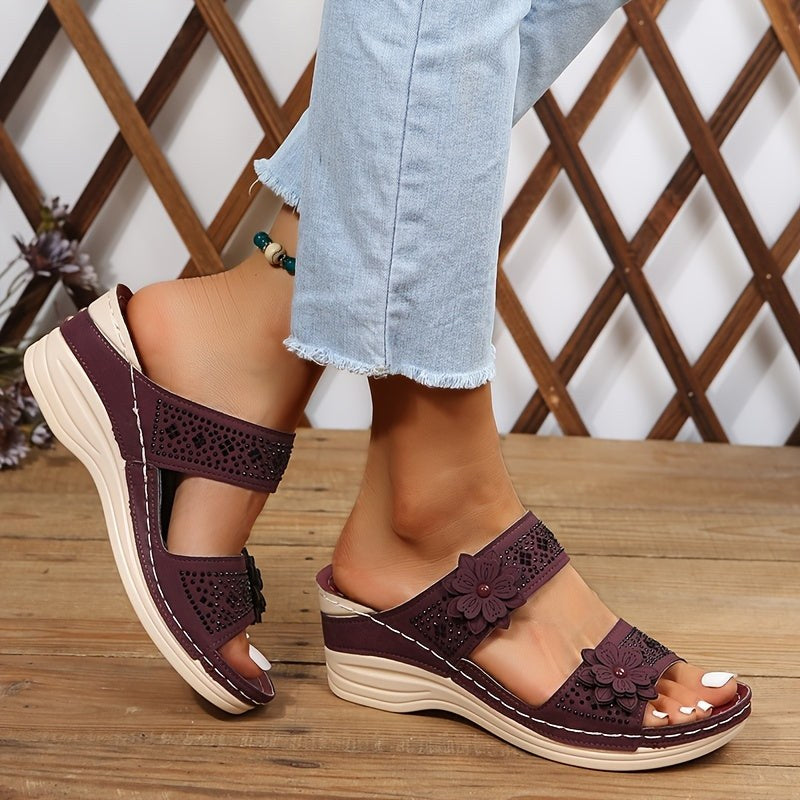 Delor™ Floral Wedge Slides in Black