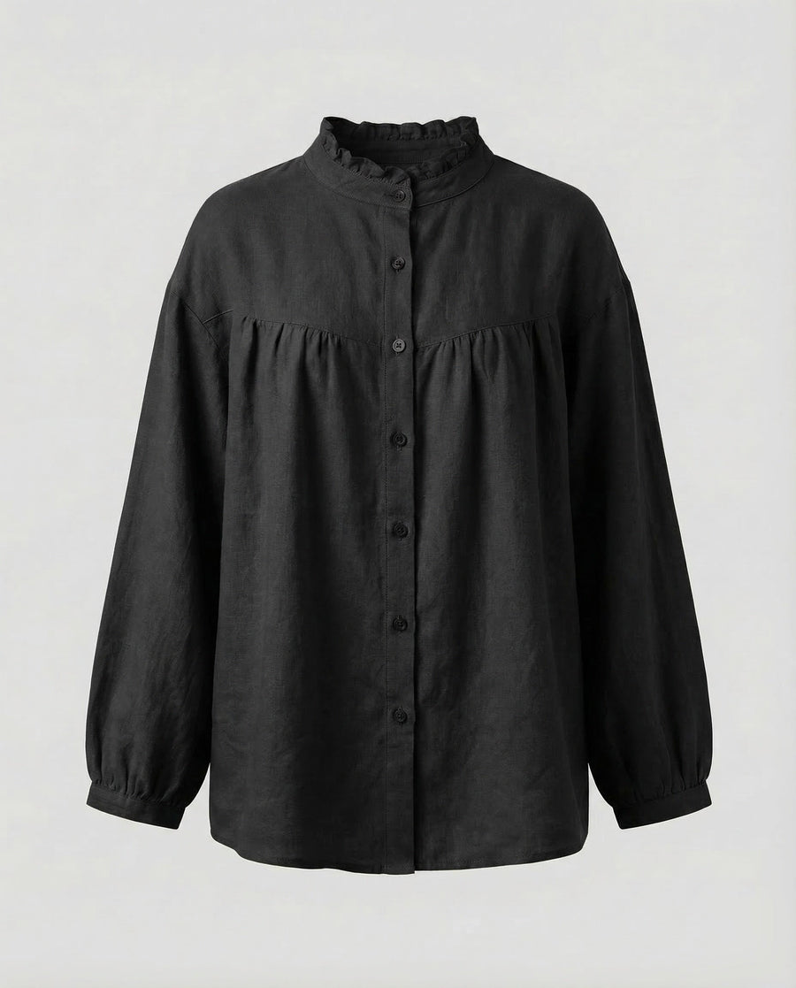 Delphine Linen Blouse with Ruffles in Black