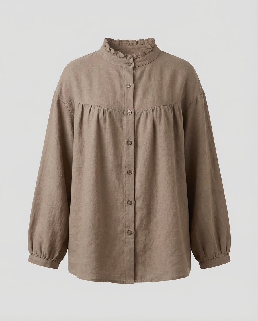 Delphine Linen Blouse with Ruffles in Khaki