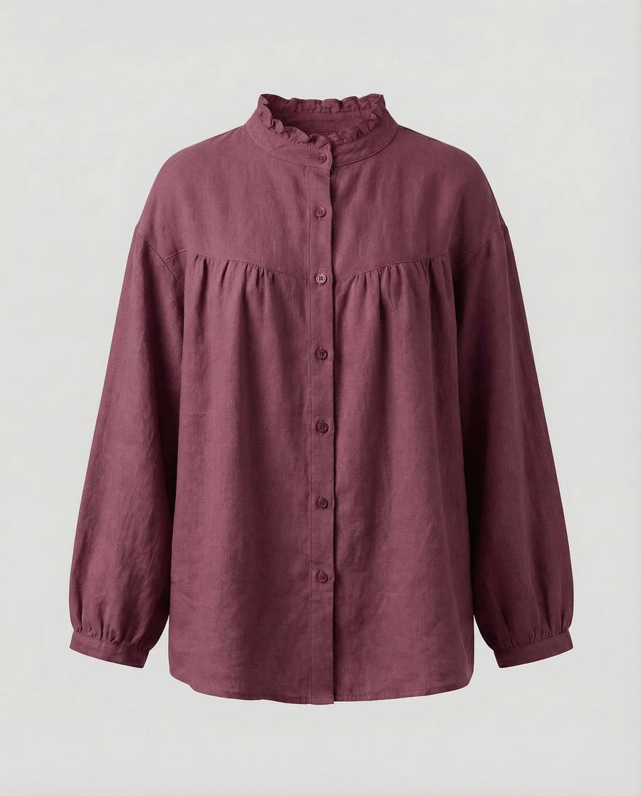 Delphine Linen Blouse with Ruffles in Magenta