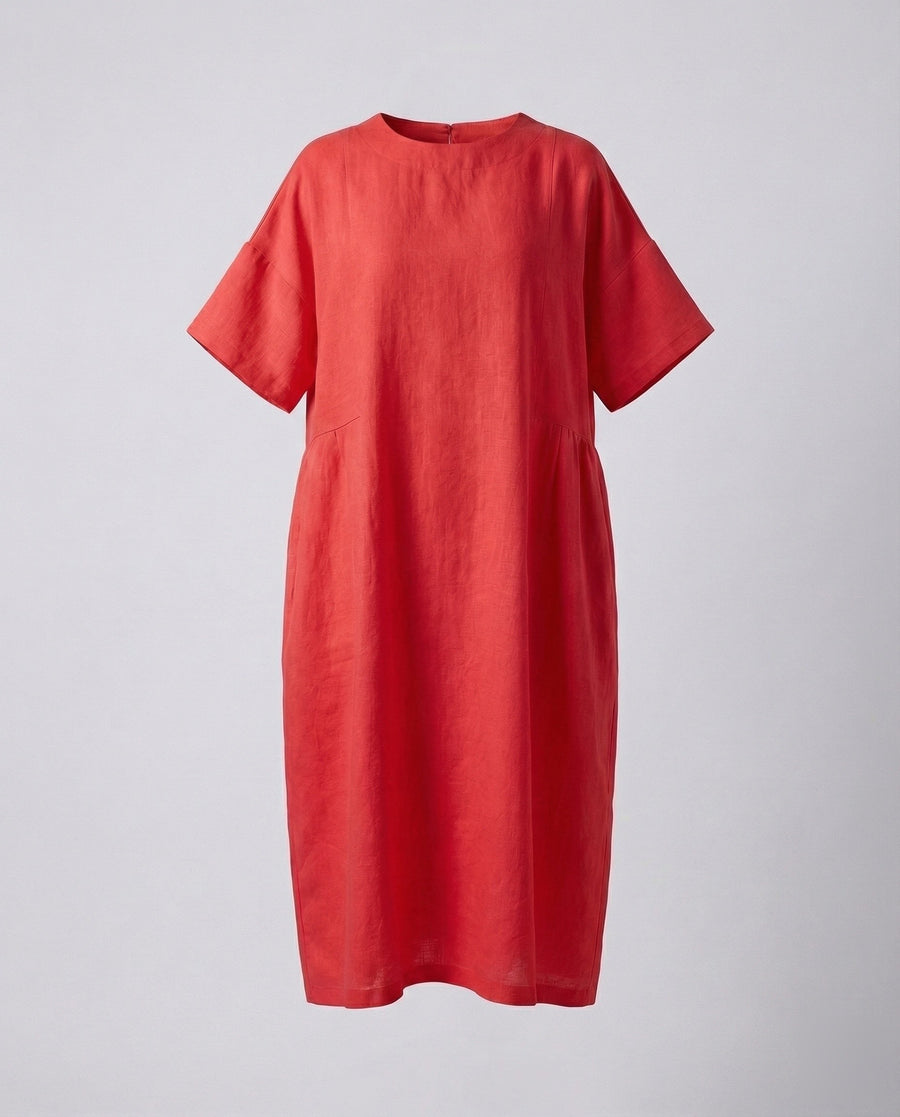 Delphine Linen Midi Dress in Red
