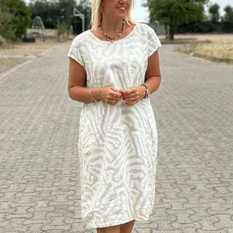 Delvaine Women's Boho Print Midi Dress in Beige