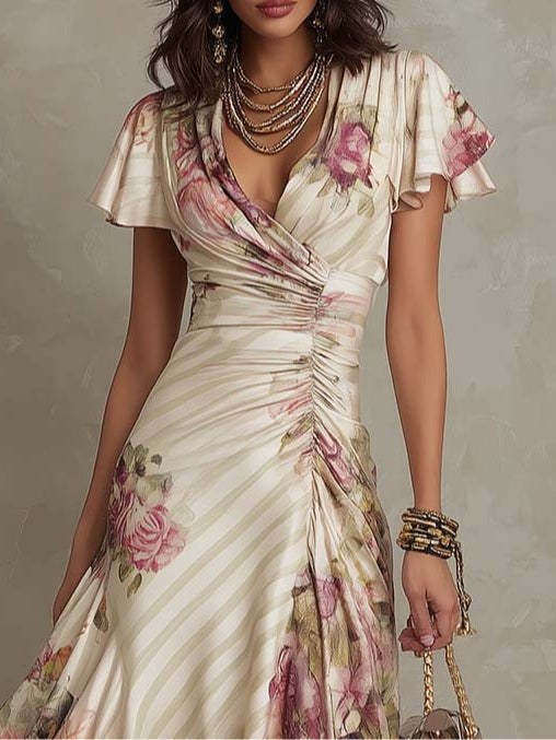 Delvaine Women's Wedding Guest Floral Midi Dress in Cream