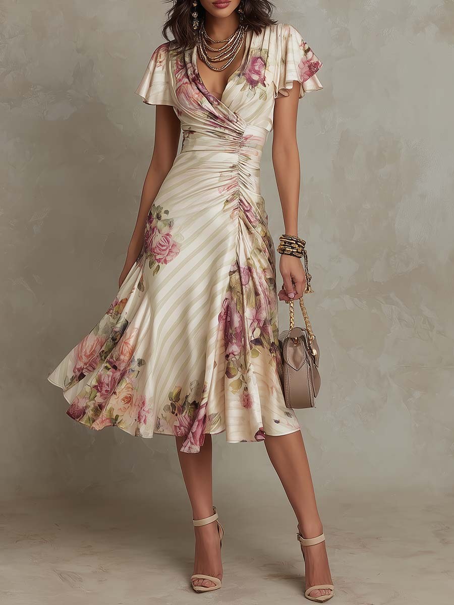 Delvaine Women's Wedding Guest Floral Midi Dress in Cream