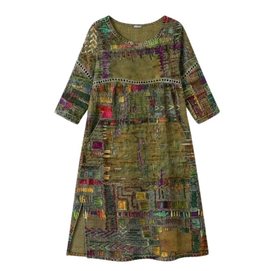 Delvara Women's Boho Print Midi Dress with Pockets in Green
