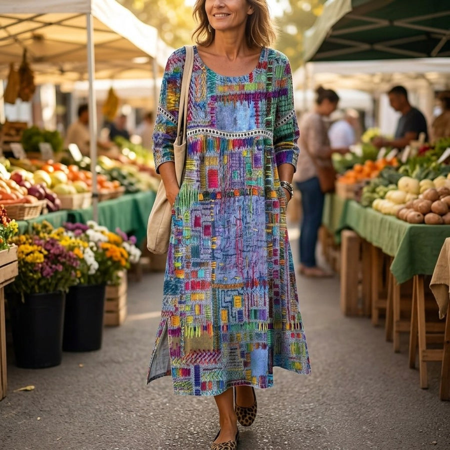 Delvara Women's Boho Print Midi Dress with Pockets in Light green