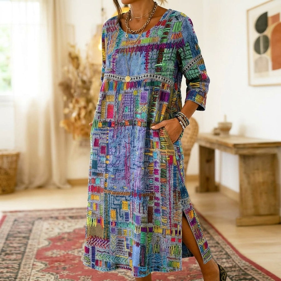 Delvara Women's Boho Print Midi Dress with Pockets in Light green