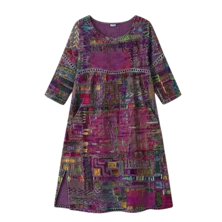 Delvara Women's Boho Print Midi Dress with Pockets in Purple