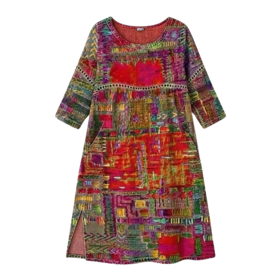 Delvara Women's Boho Print Midi Dress with Pockets in Red