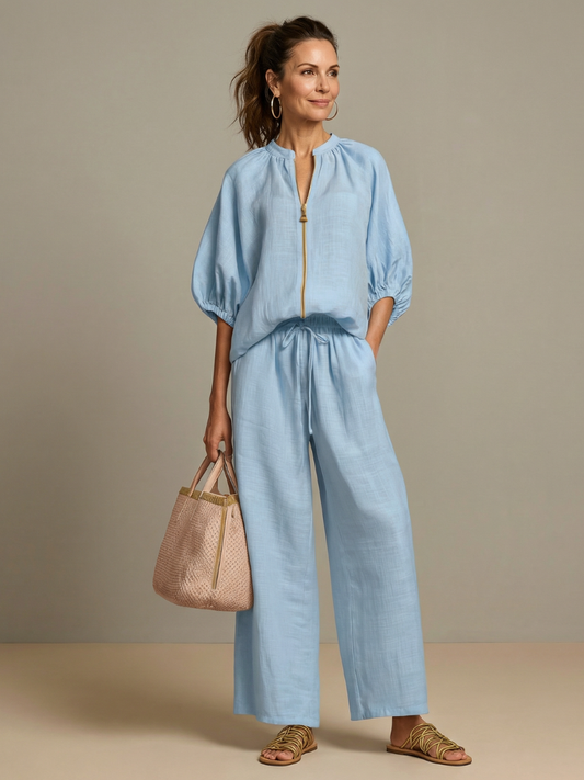 Delvine | Women's Co-ord Set Wide Leg Pants & Zip Top