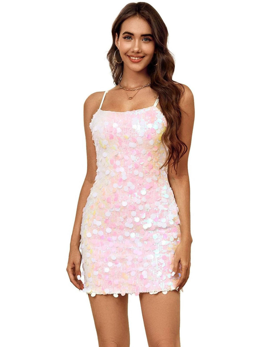 Delvora Women's Sequin Cocktail Dress Mini in Pink