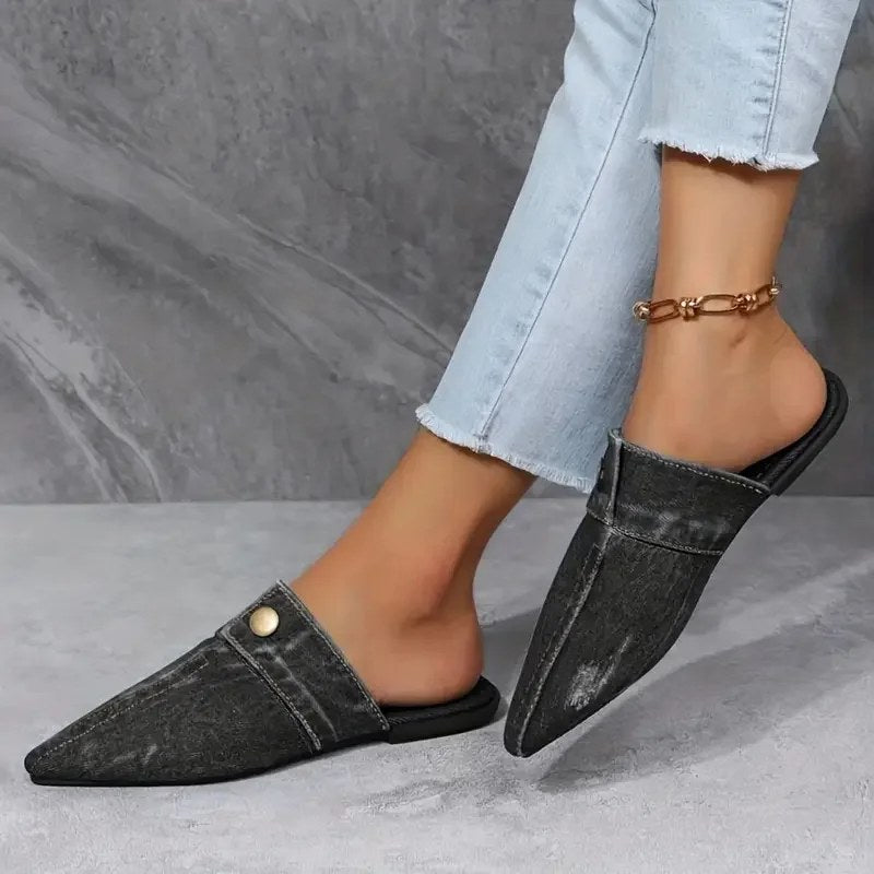 Demi Women's Pointed Toe Denim Slip On Flat Mule Slides in Black