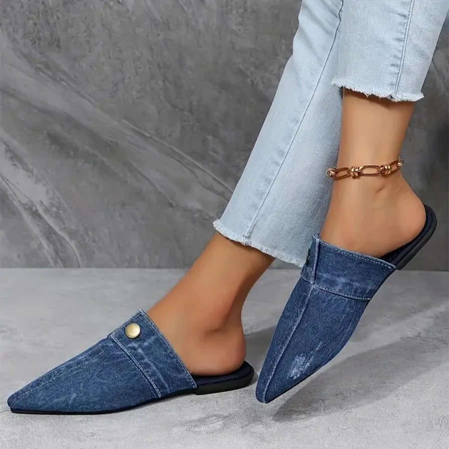 Demi Women's Pointed Toe Denim Slip On Flat Mule Slides in Navy