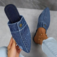 Demi Women's Pointed Toe Denim Slip On Flat Mule Slides in Navy