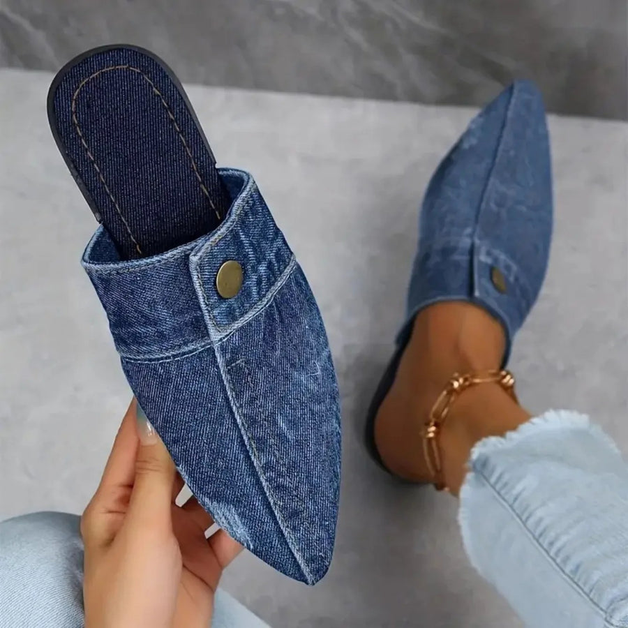 Demi Women's Pointed Toe Denim Slip On Flat Mule Slides in Navy