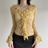 Denise Elegant Lace Top with Long Sleeve and Ruffles in Yellow