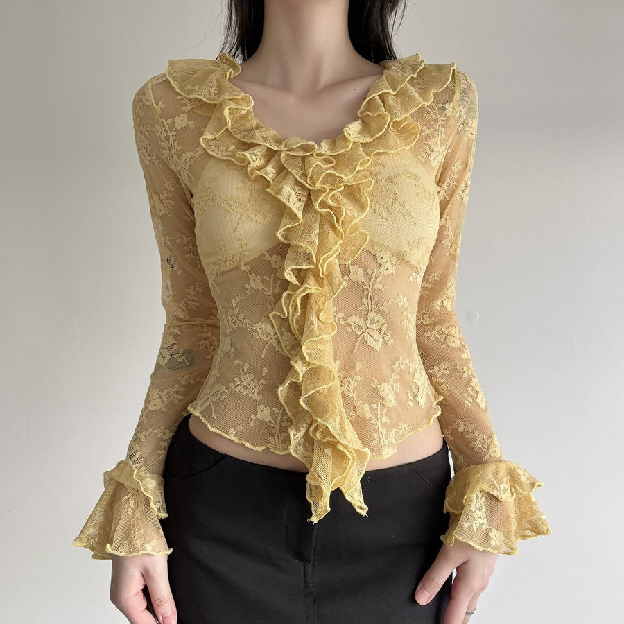 Denise Elegant Lace Top with Long Sleeve and Ruffles in Yellow