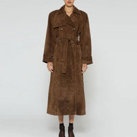 Denise Elegant Leather Trench Coat with Belted and Fitted in Brown