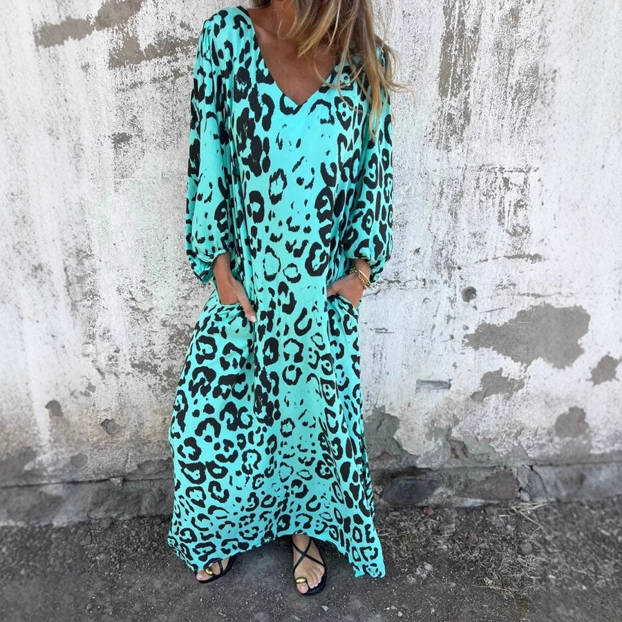Denise Leopard Print Dress in Fluorescent Blue