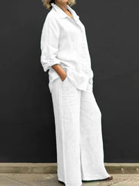 Mabel | Women's 2 Piece Textured Shirt and Wide Leg Trouser Set
