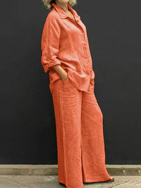 Mabel | Women's 2 Piece Textured Shirt and Wide Leg Trouser Set