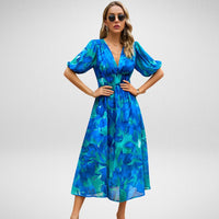Dhalia Charming Dress with V-Neckline in Blue