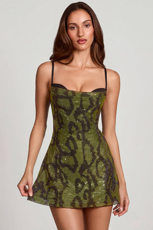 Margot Embellished Cowl Neck Mini Dress in Green Snake