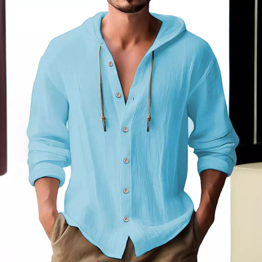 Diederik Casual Linen Shirt with Button Front and Hood in Black