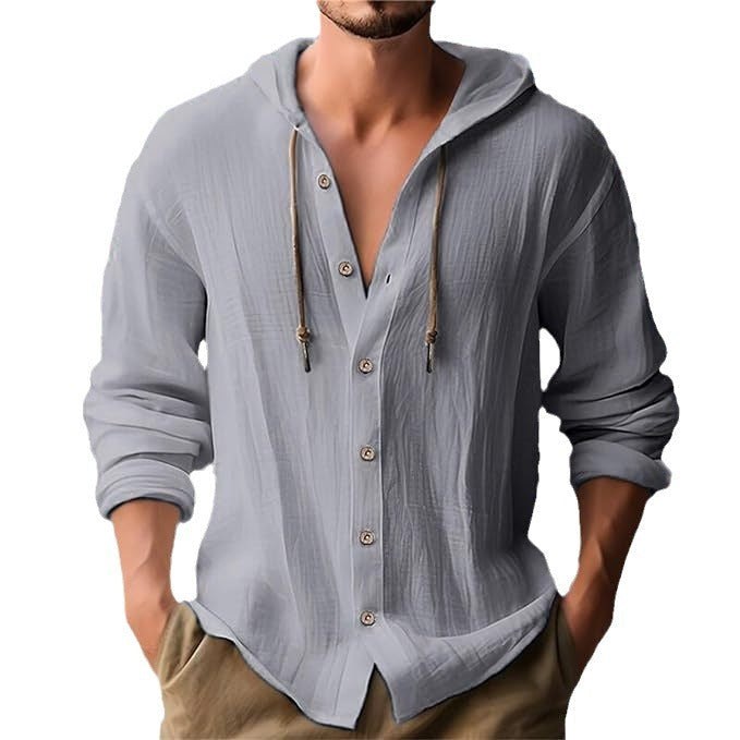 Diederik Casual Linen Shirt with Button Front and Hood in Black