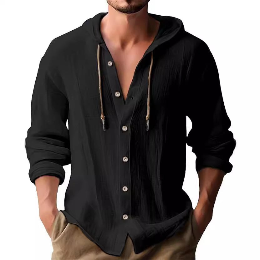 Diederik Casual Linen Shirt with Button Front and Hood in Black