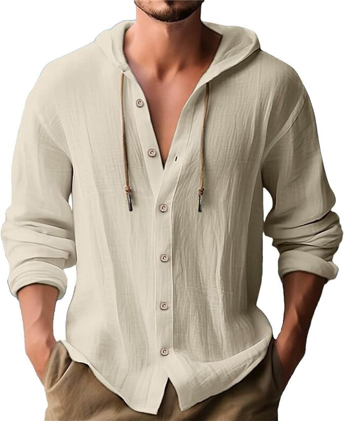 Diederik Casual Linen Shirt with Button Front and Hood in Khaki