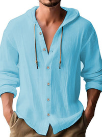 Diederik Casual Linen Shirt with Button Front and Hood in Light Blue