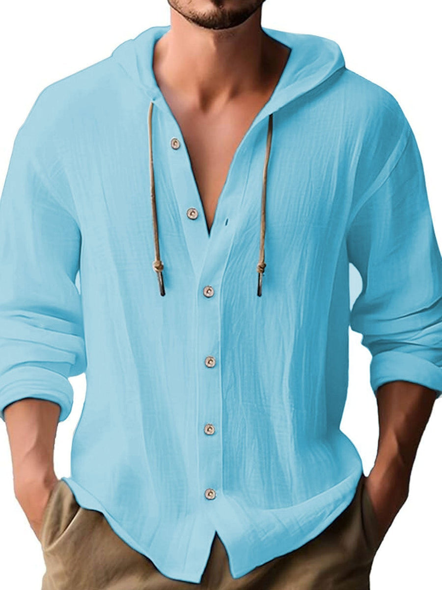 Diederik Casual Linen Shirt with Button Front and Hood in Light Blue
